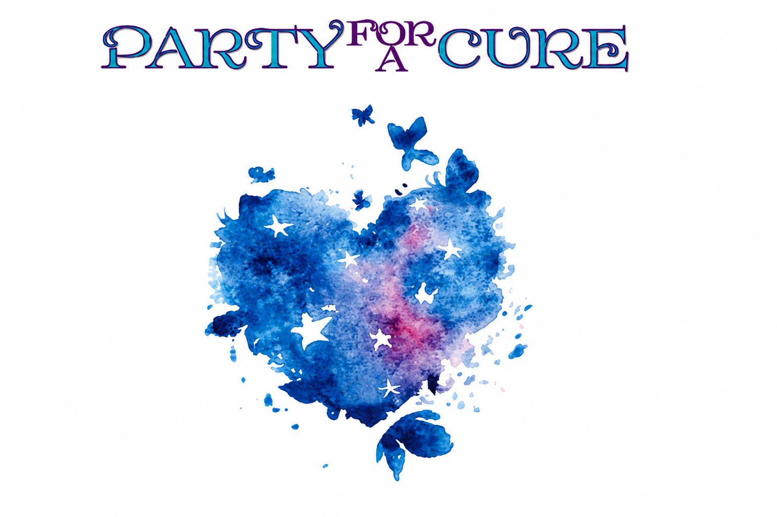 Party For A Cure watercolor heart logo with butterflies and stars.